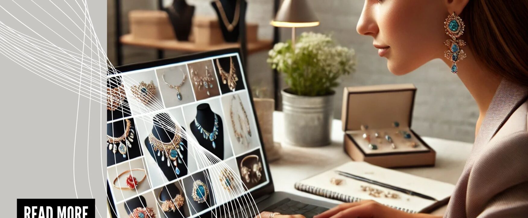 una mujer joven trabajando en su portátil con varias imágenes de joyería en la pantalla.