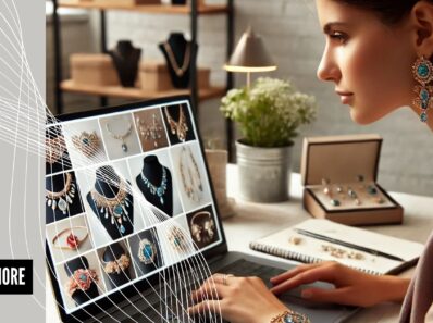 una mujer joven trabajando en su portátil con varias imágenes de joyería en la pantalla.